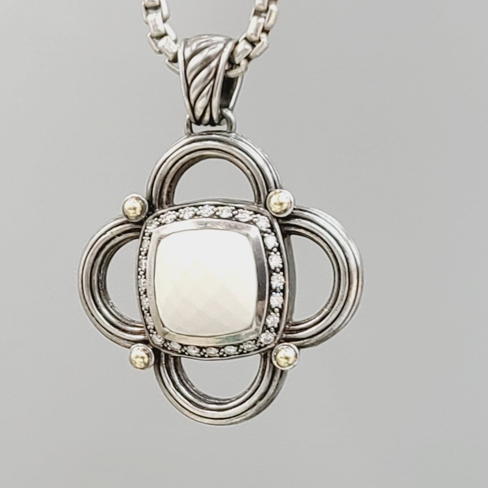 David Yurman Renaissance White Agate Diamond Pendant Enhancer With Gold - Picture 9 of 16
